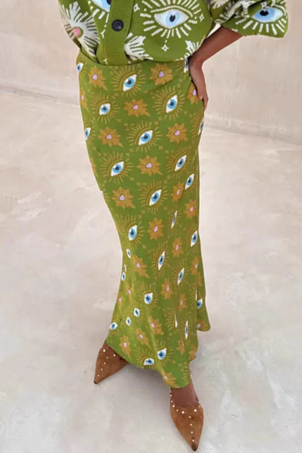 Green Abstract Eye Pattern Cardigan Women Coat