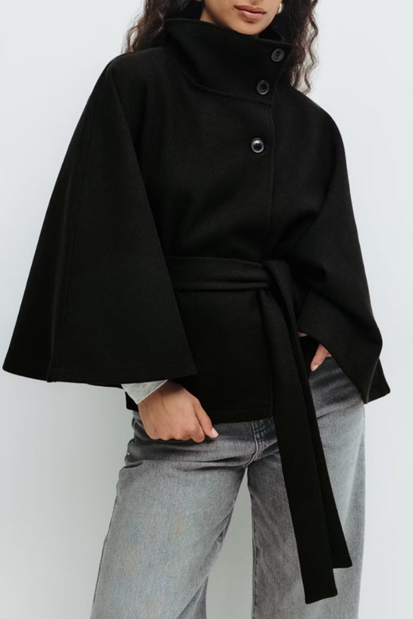 Batwing Sleeve Elegant Tricot Cape Belted Solid Women Top