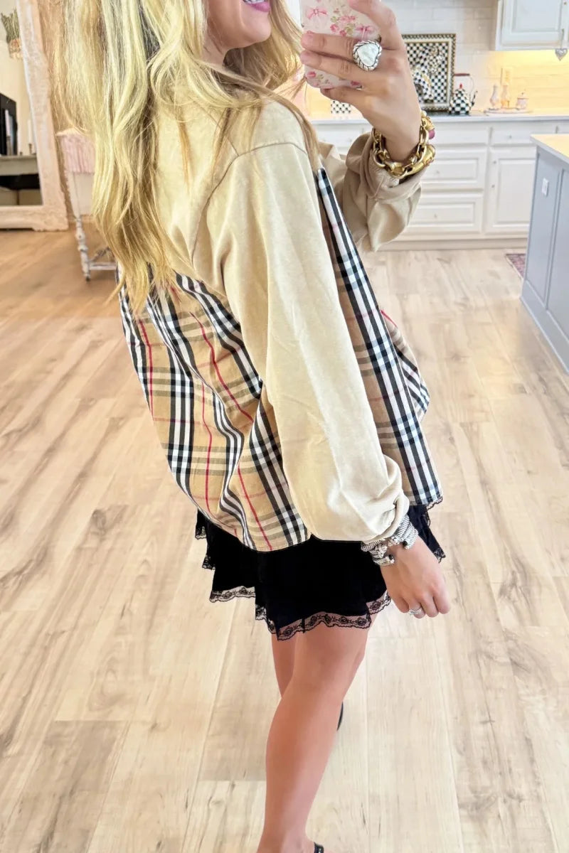 Taupe Solid & Plaid Mix Match Top