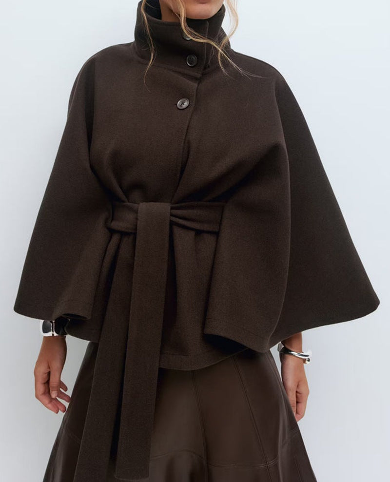 Batwing Sleeve Elegant Tricot Cape Belted Solid Women Top