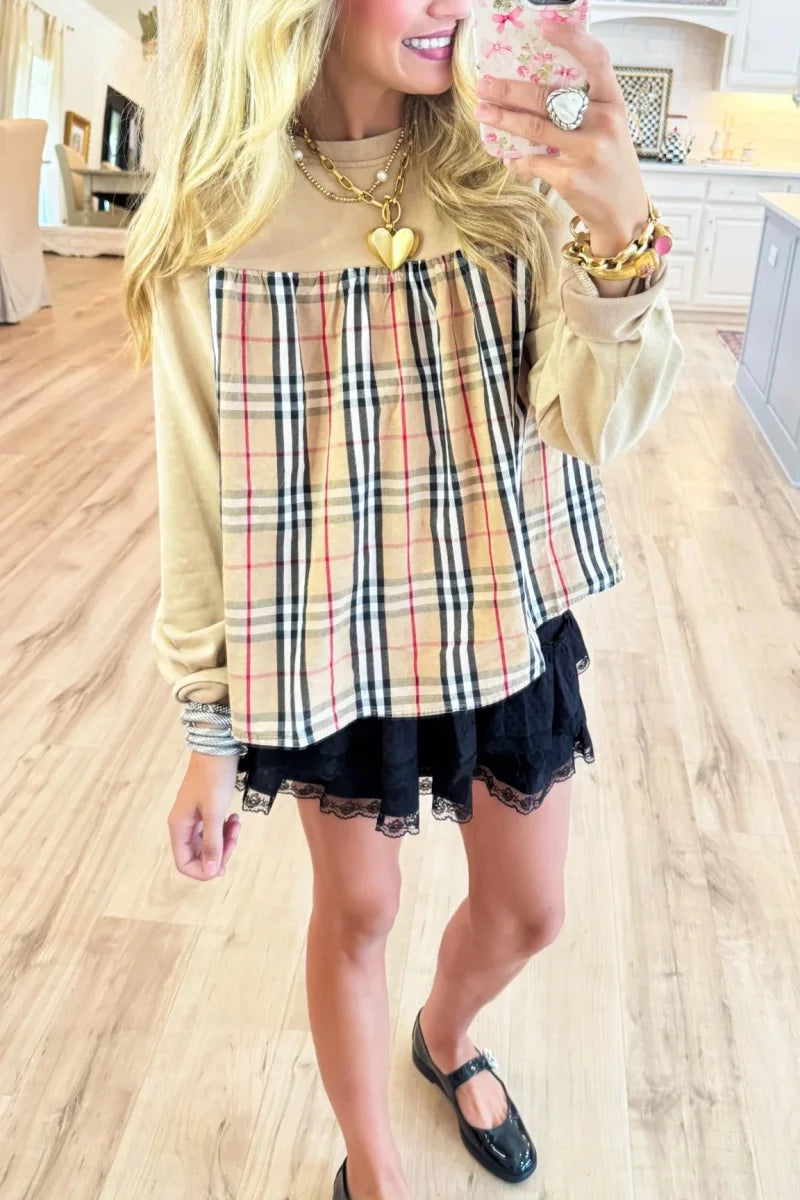 Taupe Solid & Plaid Mix Match Top