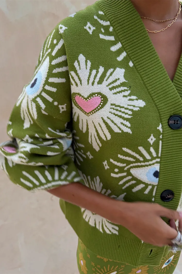 Green Abstract Eye Pattern Cardigan Women Coat & Skirt