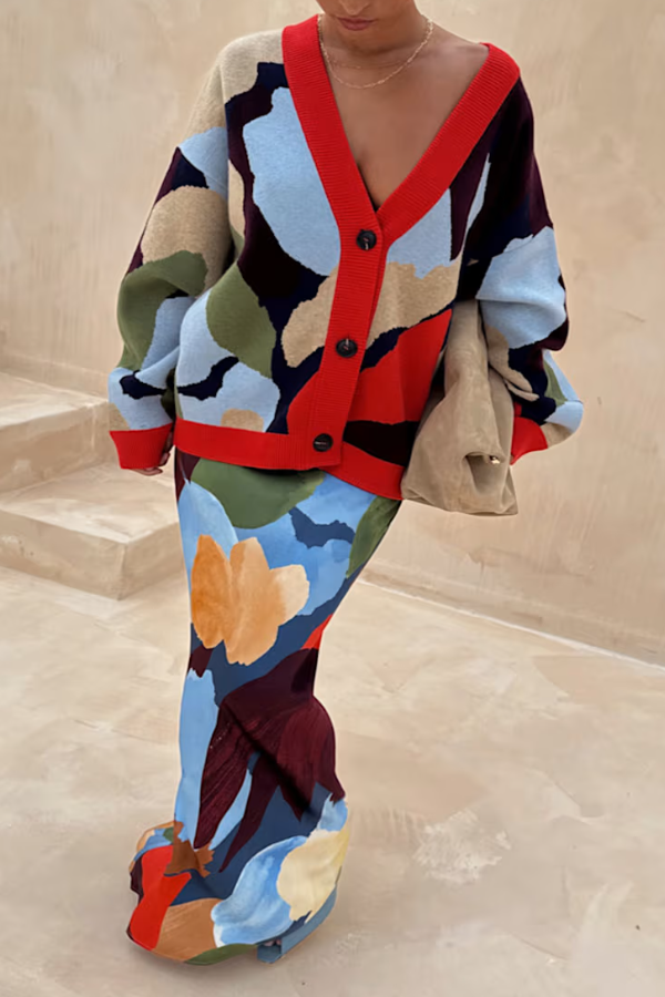 Navy Abstract Pattern Cardigan Women Coat & Skirt