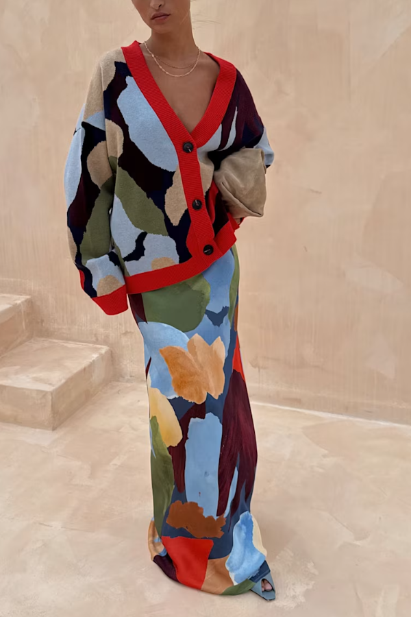 Navy Abstract Pattern Cardigan Women Coat & Skirt