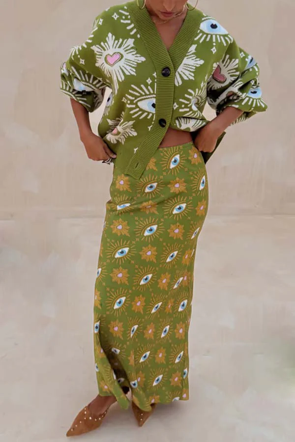 Green Abstract Eye Pattern Cardigan Women Coat & Skirt