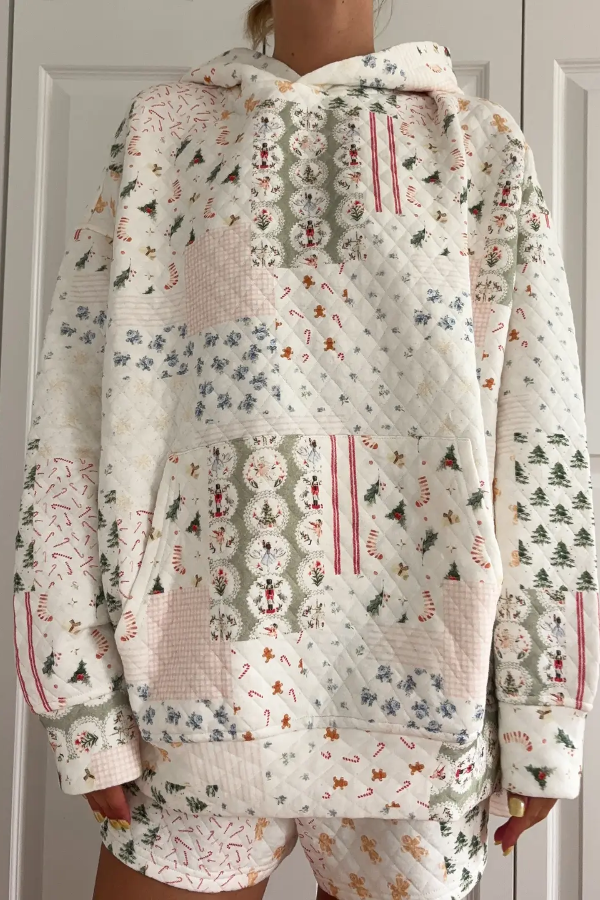 Cute Christmas Holiday Quilted Sweatshirt Women Top Hoodie
