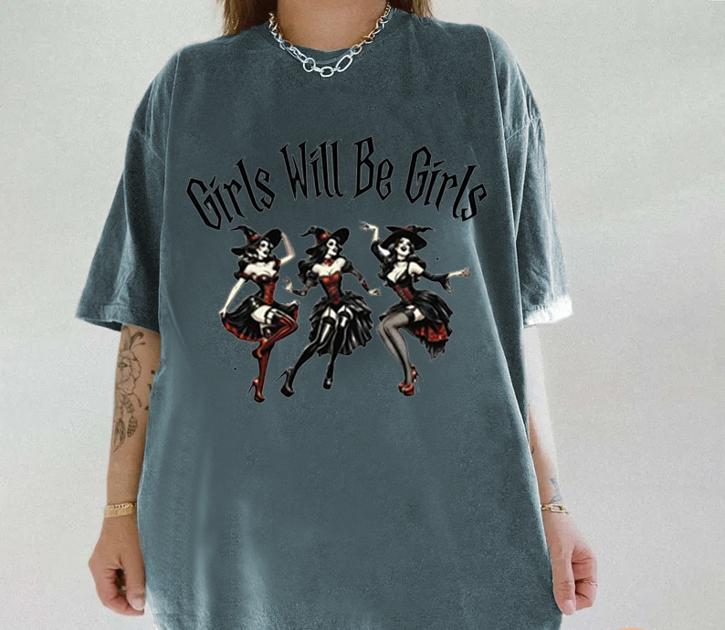 Bad Witch Dancing Print Round Neck Short Sleeve T-Shirt
