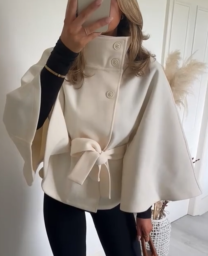 Batwing Sleeve Elegant Tricot Cape Belted Solid Women Top