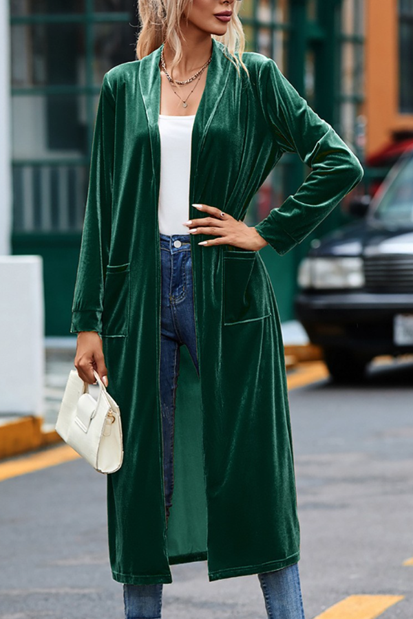 Velvet Open Front Pocketed Long Duster Women Cardigen