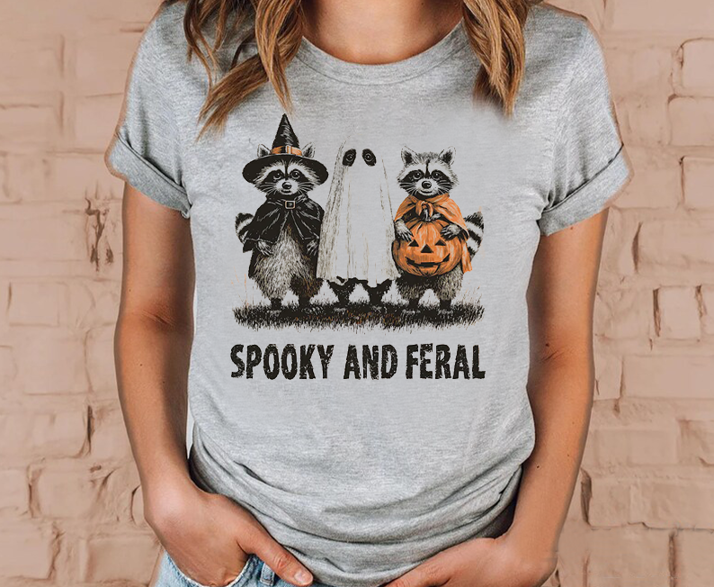 Retro Ghost Wild Raccoon Print, Halloween T-shirt