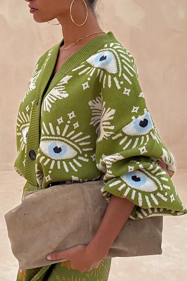 Green Abstract Eye Pattern Cardigan Women Coat & Skirt