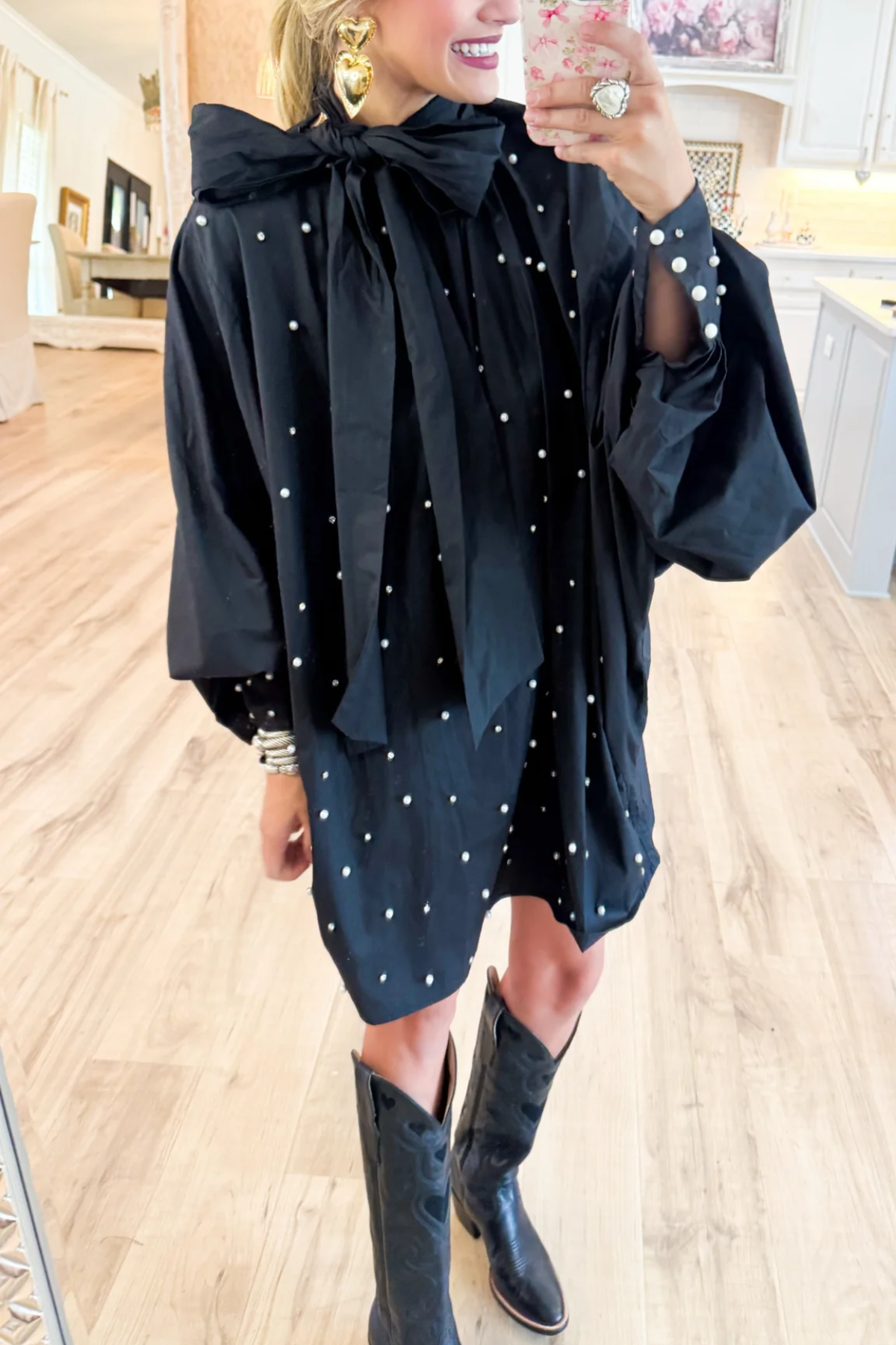 Black Pearl Embellished Balloon Sleeve Mini Dress