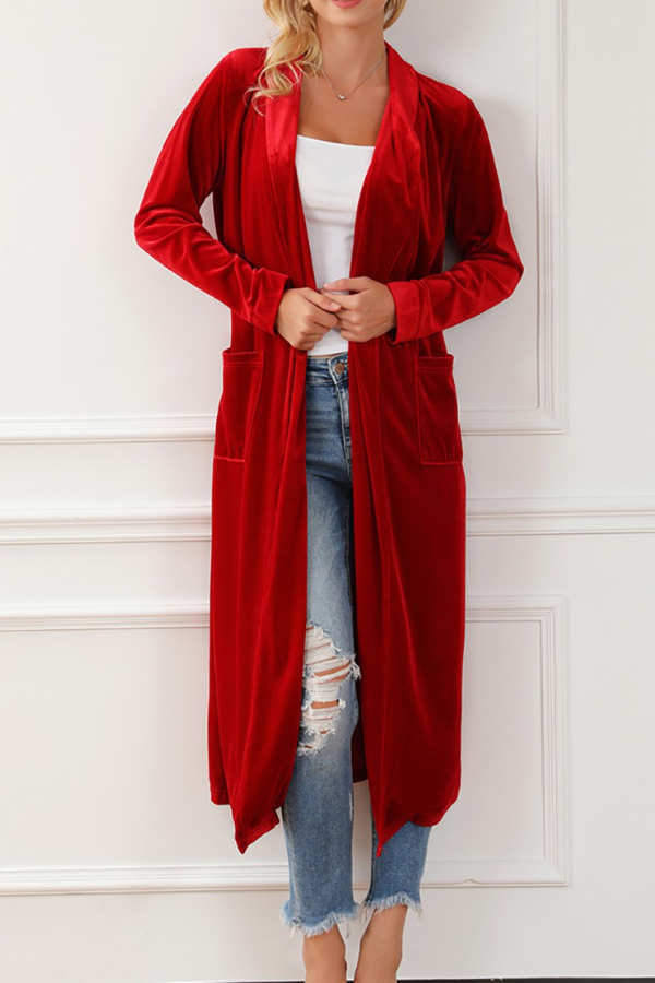 Velvet Open Front Pocketed Long Duster Women Cardigen