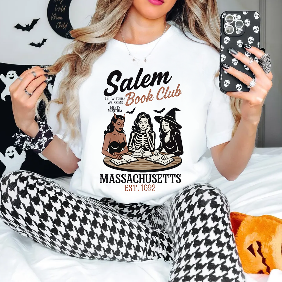Ghostly Girl Reading Witch Reading Books Printed T-Shirt