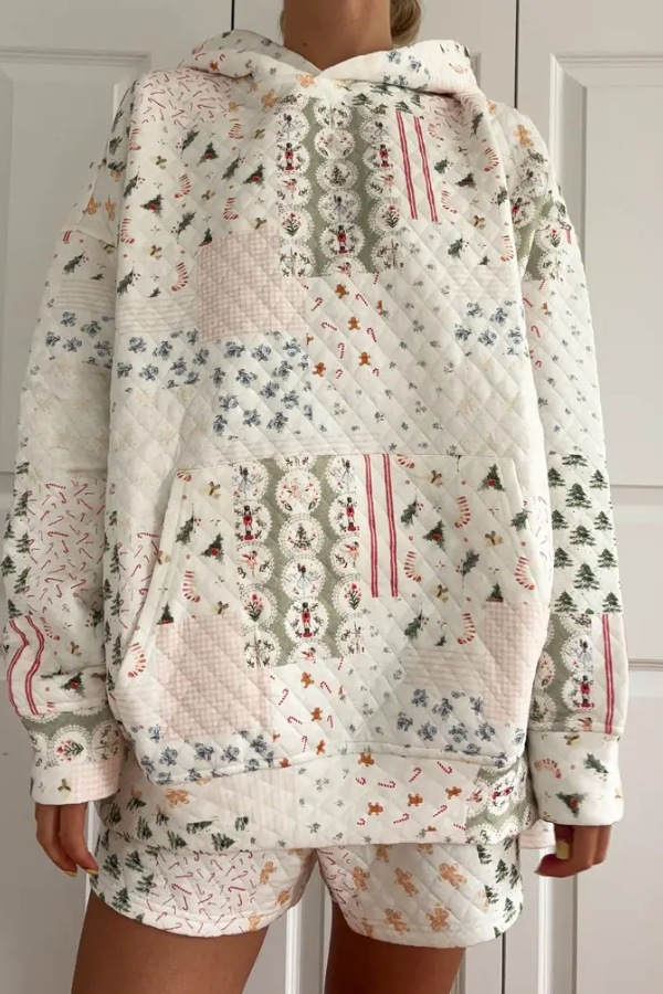 Cute Christmas Holiday Quilted Sweatshirt Women Top Hoodie