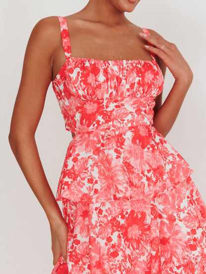 Provence Bloom Tiered Floral Maxi Dress Pink