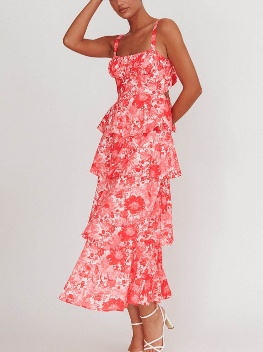 Provence Bloom Tiered Floral Maxi Dress Pink