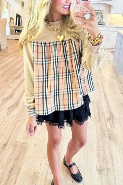 Taupe Solid & Plaid Mix Match Top