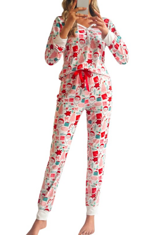 Fashionable Christmas Holiday V Neck Bow Neck Women Pajams Set