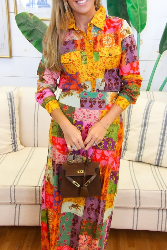 Retro  Bohemian Style Multicolor Floral Print Panel Midi Dress