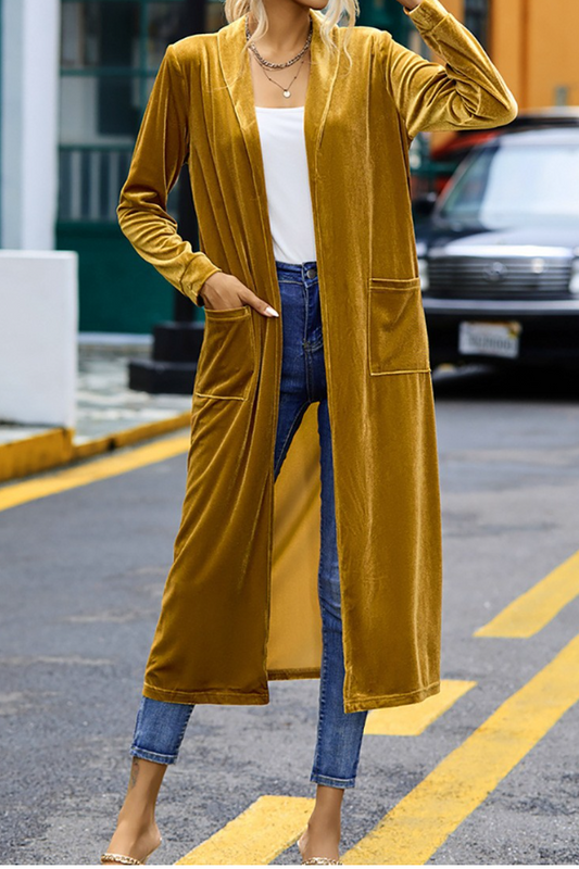 Velvet Open Front Pocketed Long Duster Women Cardigen