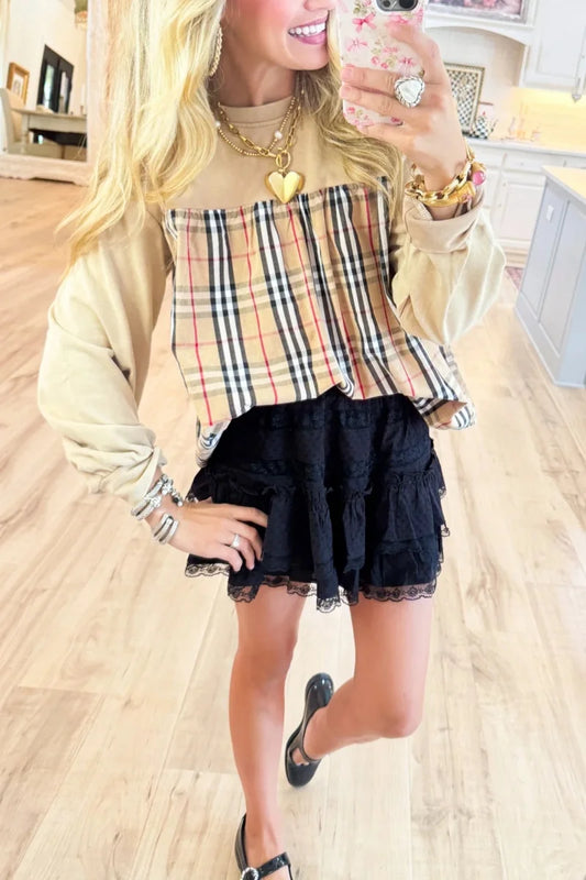 Taupe Solid & Plaid Mix Match Top