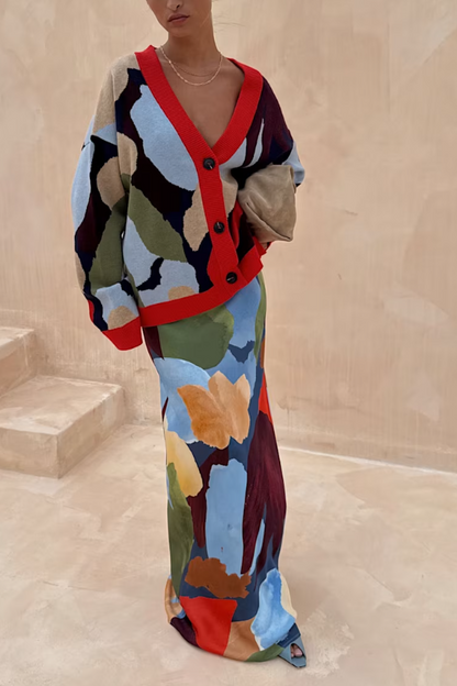 Navy Abstract Pattern Cardigan Women Coat