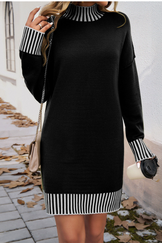 Women's Turtleneck Striped Long Knit Dress Midi Sweater Dress