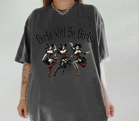 Bad Witch Dancing Print Round Neck Short Sleeve T-Shirt