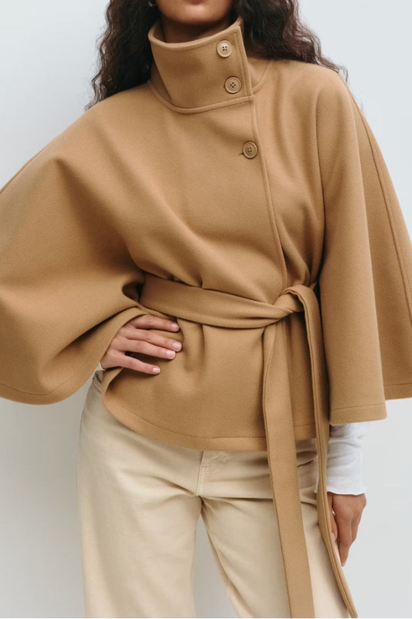 Batwing Sleeve Elegant Tricot Cape Belted Solid Women Top