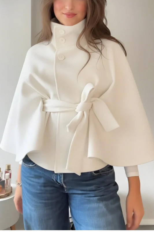 Batwing Sleeve Elegant Tricot Cape Belted Solid Women Top