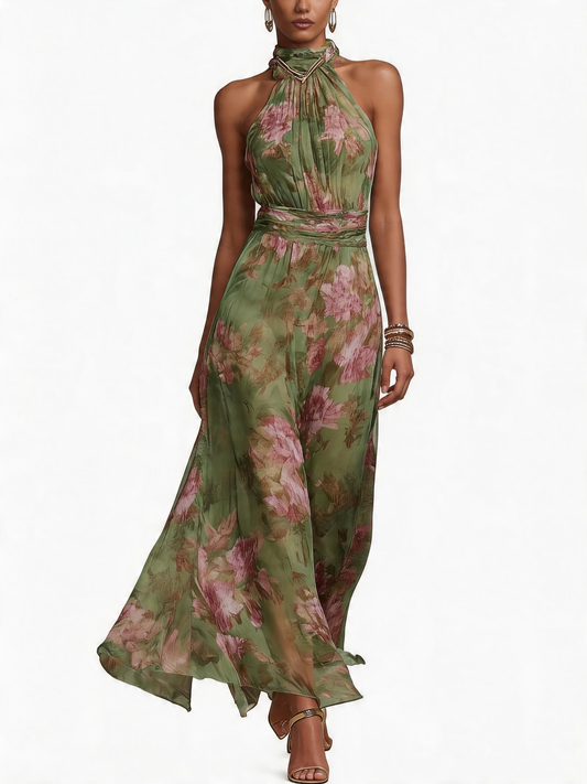 Green Floral Chiffon Halter Maxi Dress